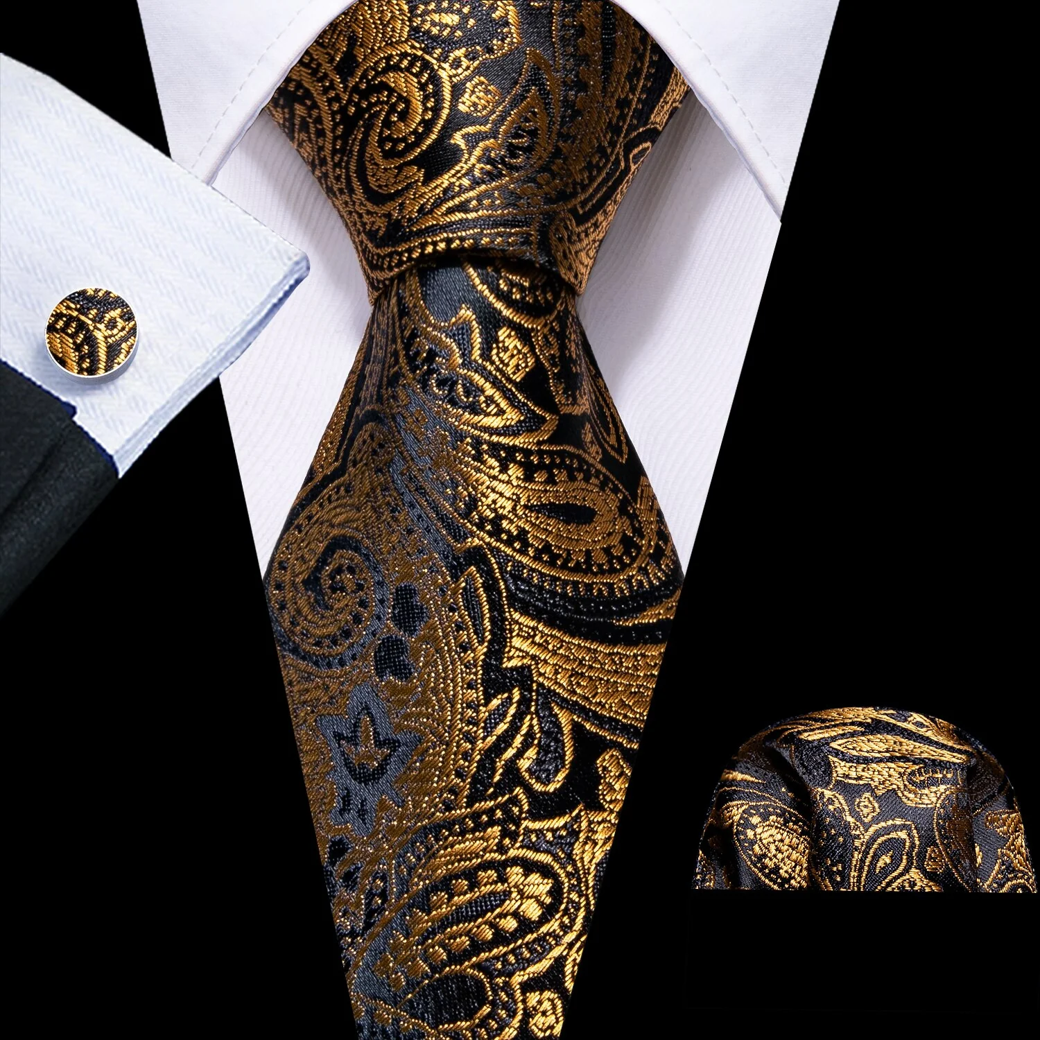 Retro Orange Floral Men Tie Set Silk Jacquard Necktie Wedding Business Handkerchief Cufflinks Tie Barry.Wang Designer FA-5346 - Image 2