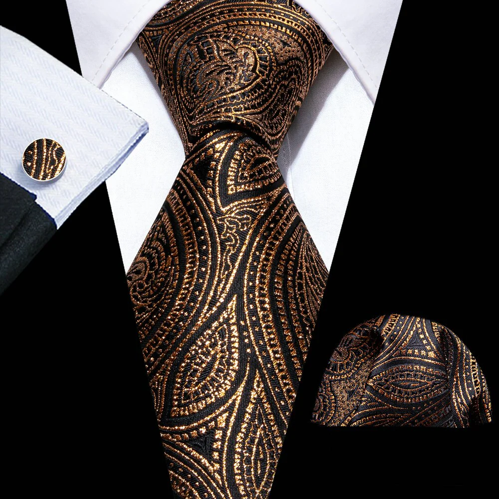 Retro Orange Floral Men Tie Set Silk Jacquard Necktie Wedding Business Handkerchief Cufflinks Tie Barry.Wang Designer FA-5346 - Image 3