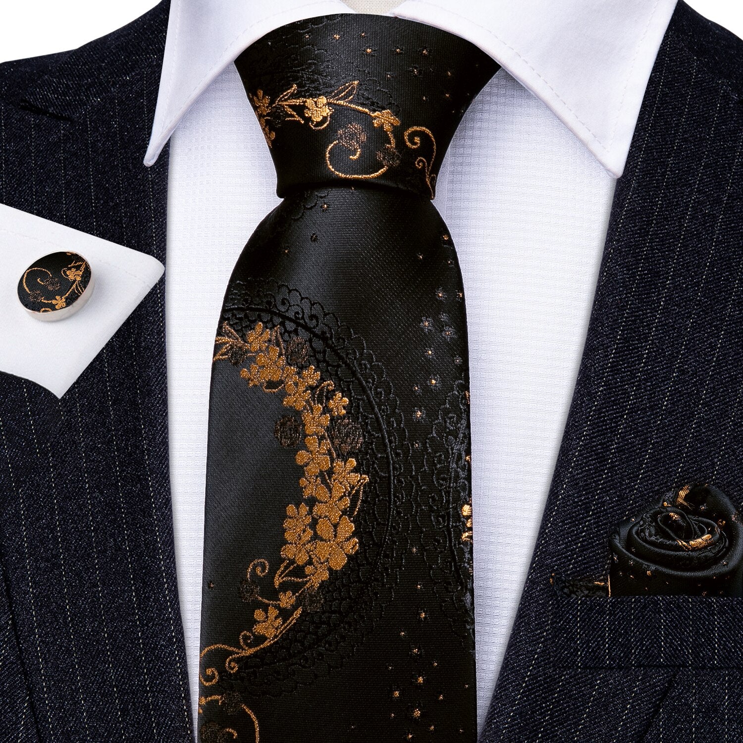 Retro Orange Floral Men Tie Set Silk Jacquard Necktie Wedding Business Handkerchief Cufflinks Tie Barry.Wang Designer FA-5346 - Image 41