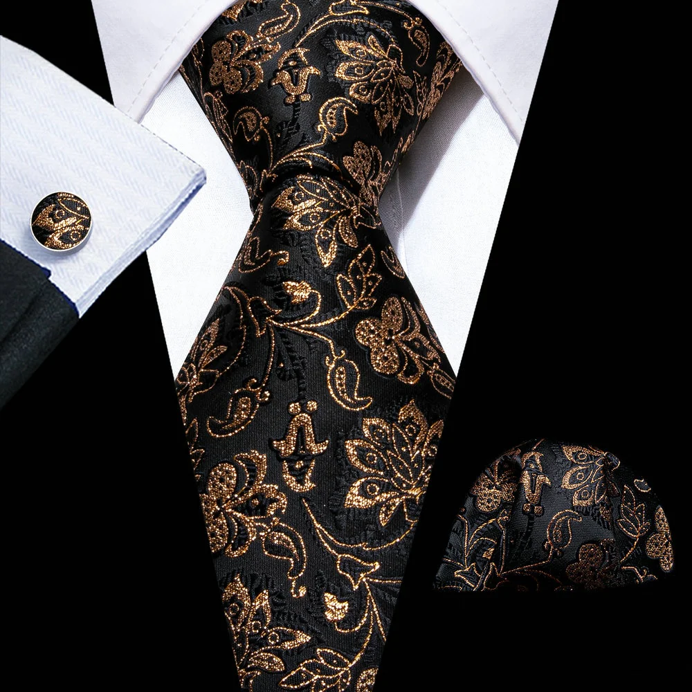 Retro Orange Floral Men Tie Set Silk Jacquard Necktie Wedding Business Handkerchief Cufflinks Tie Barry.Wang Designer FA-5346 - Image 6
