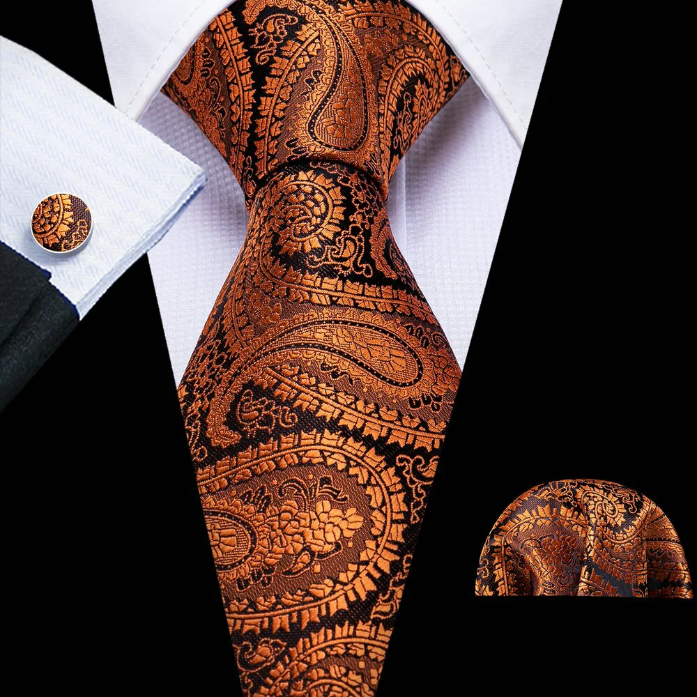 Retro Orange Floral Men Tie Set Silk Jacquard Necktie Wedding Business Handkerchief Cufflinks Tie Barry.Wang Designer FA-5346 - Image 7