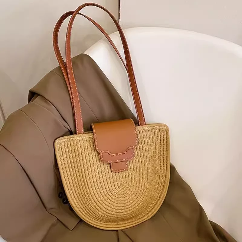 Retro Pink Semicircle Seaside Travel Straw Woven Bag - Image 6