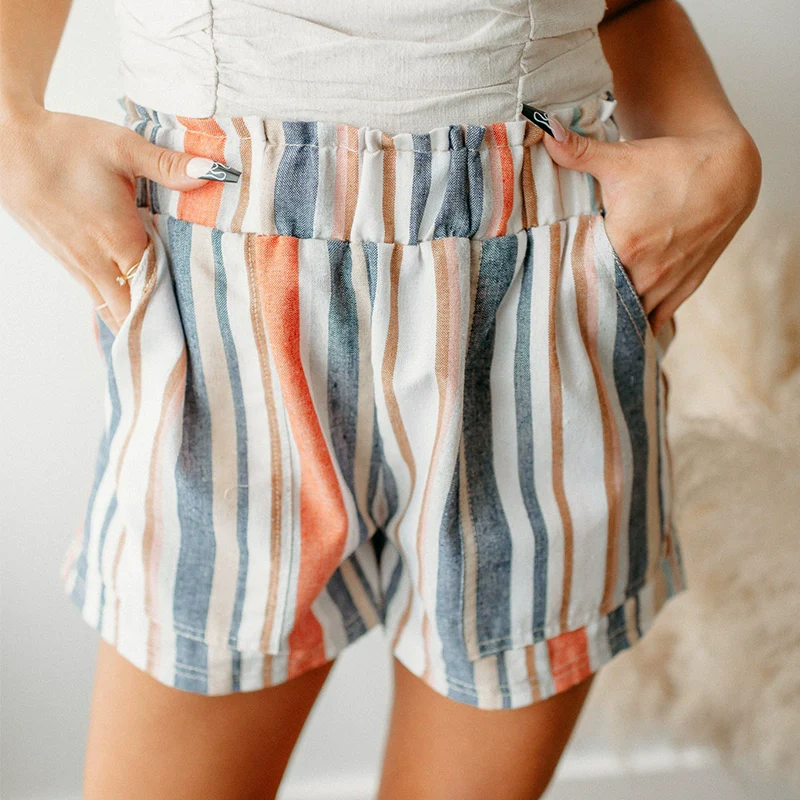 Retro Washed Casual Elastic Frill Waist Shorts - Image 2