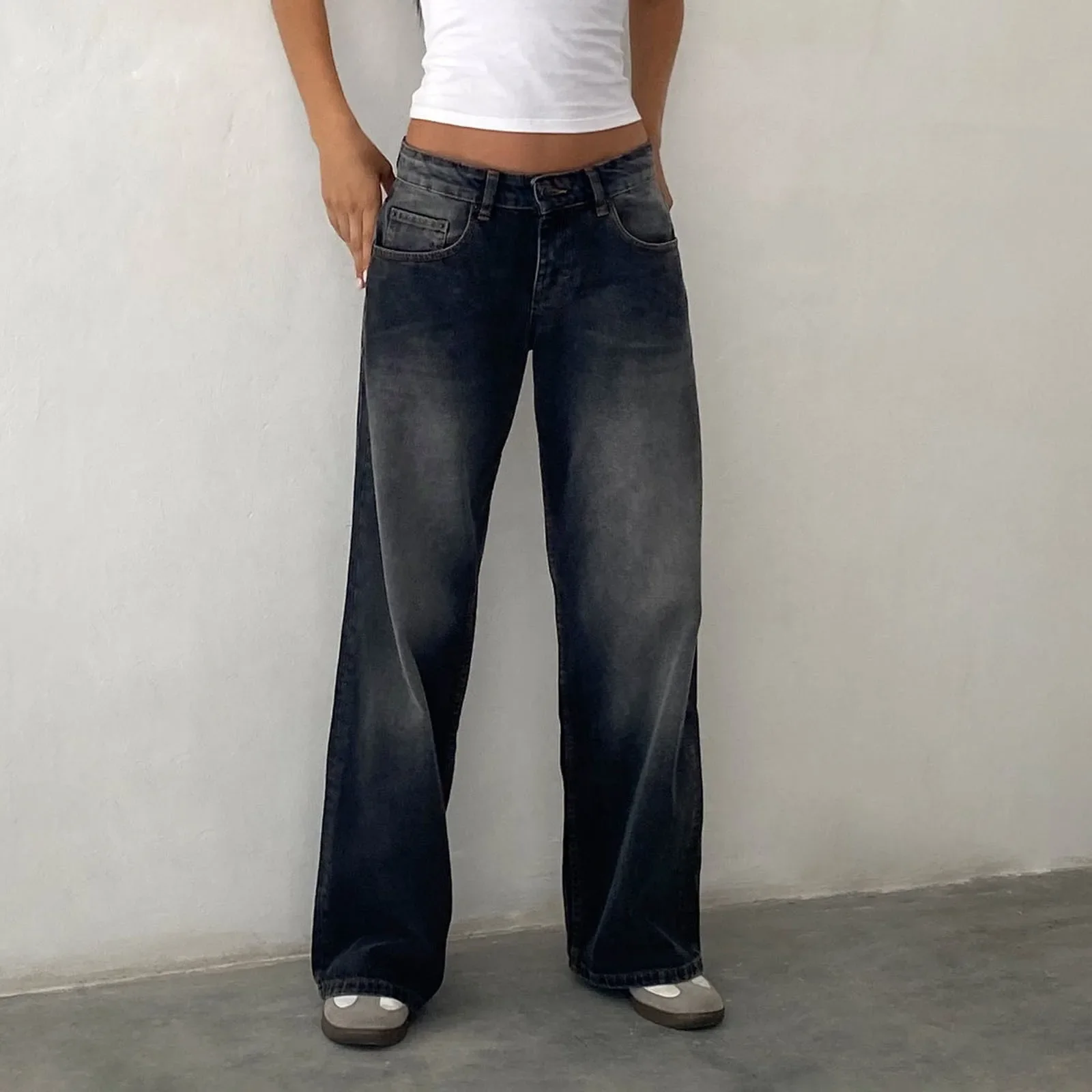 Retro Washed Jeans Women'S Design Sense Mid Waisted Straight-Leg Pants Loose Wide-Leg Mopping Pants Jeans Pants For Woman Jean - Image 12