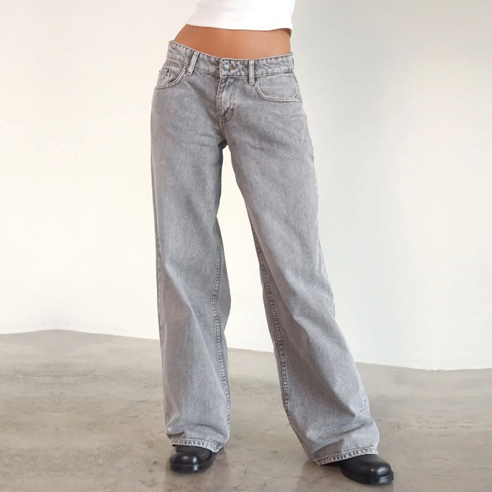 Retro Washed Jeans Women'S Design Sense Mid Waisted Straight-Leg Pants Loose Wide-Leg Mopping Pants Jeans Pants For Woman Jean - Image 14