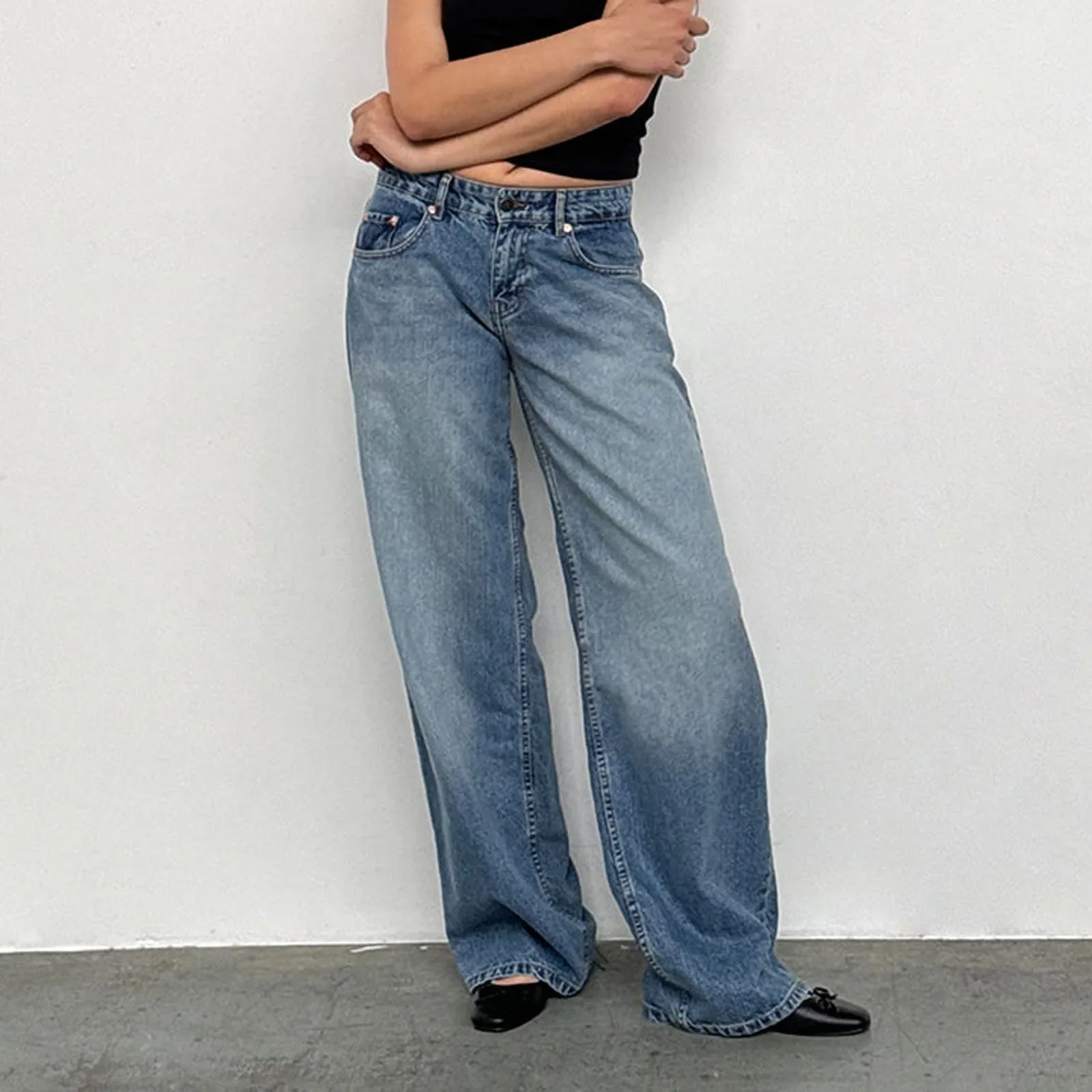 Retro Washed Jeans Women'S Design Sense Mid Waisted Straight-Leg Pants Loose Wide-Leg Mopping Pants Jeans Pants For Woman Jean - Image 18