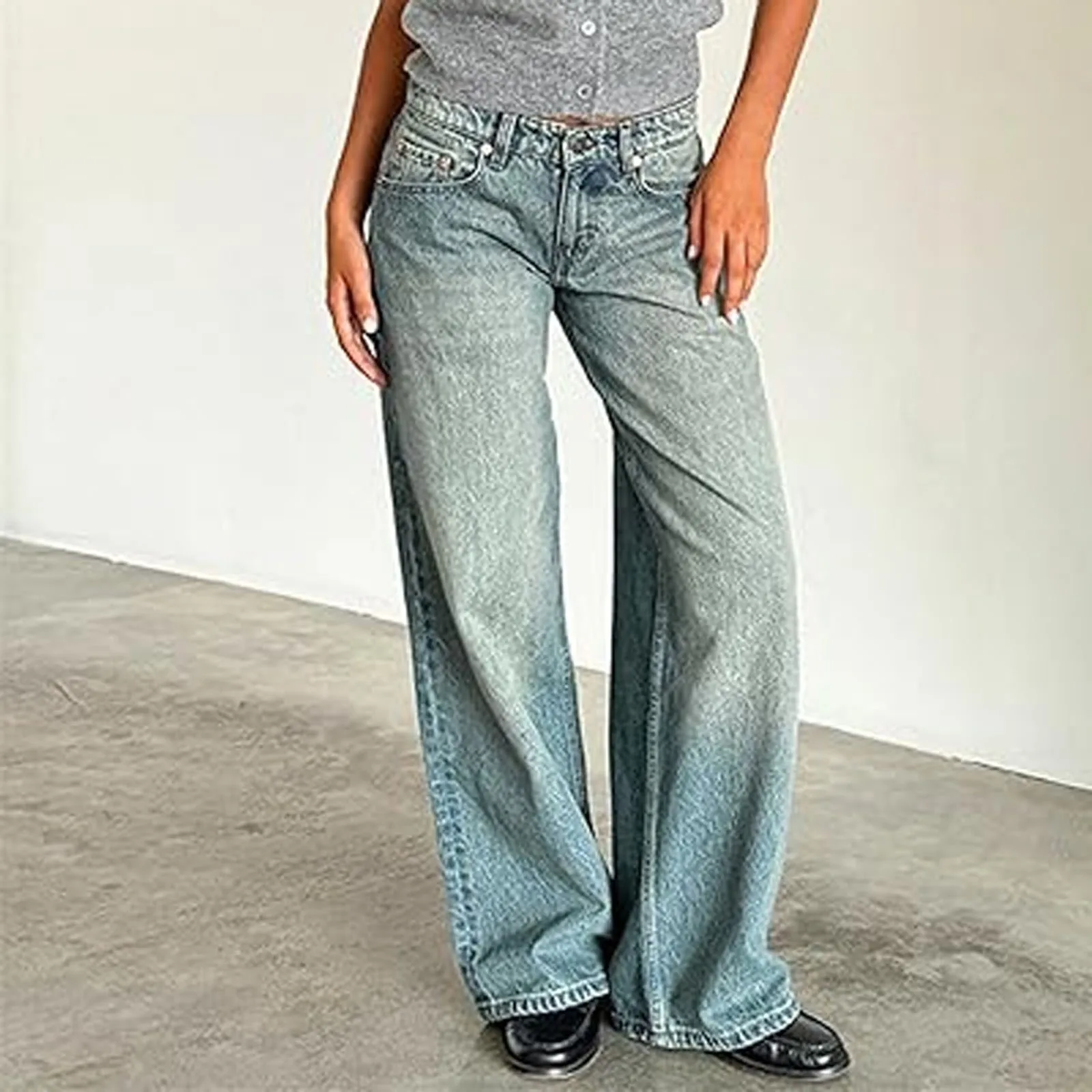 Retro Washed Jeans Women'S Design Sense Mid Waisted Straight-Leg Pants Loose Wide-Leg Mopping Pants Jeans Pants For Woman Jean - Image 22