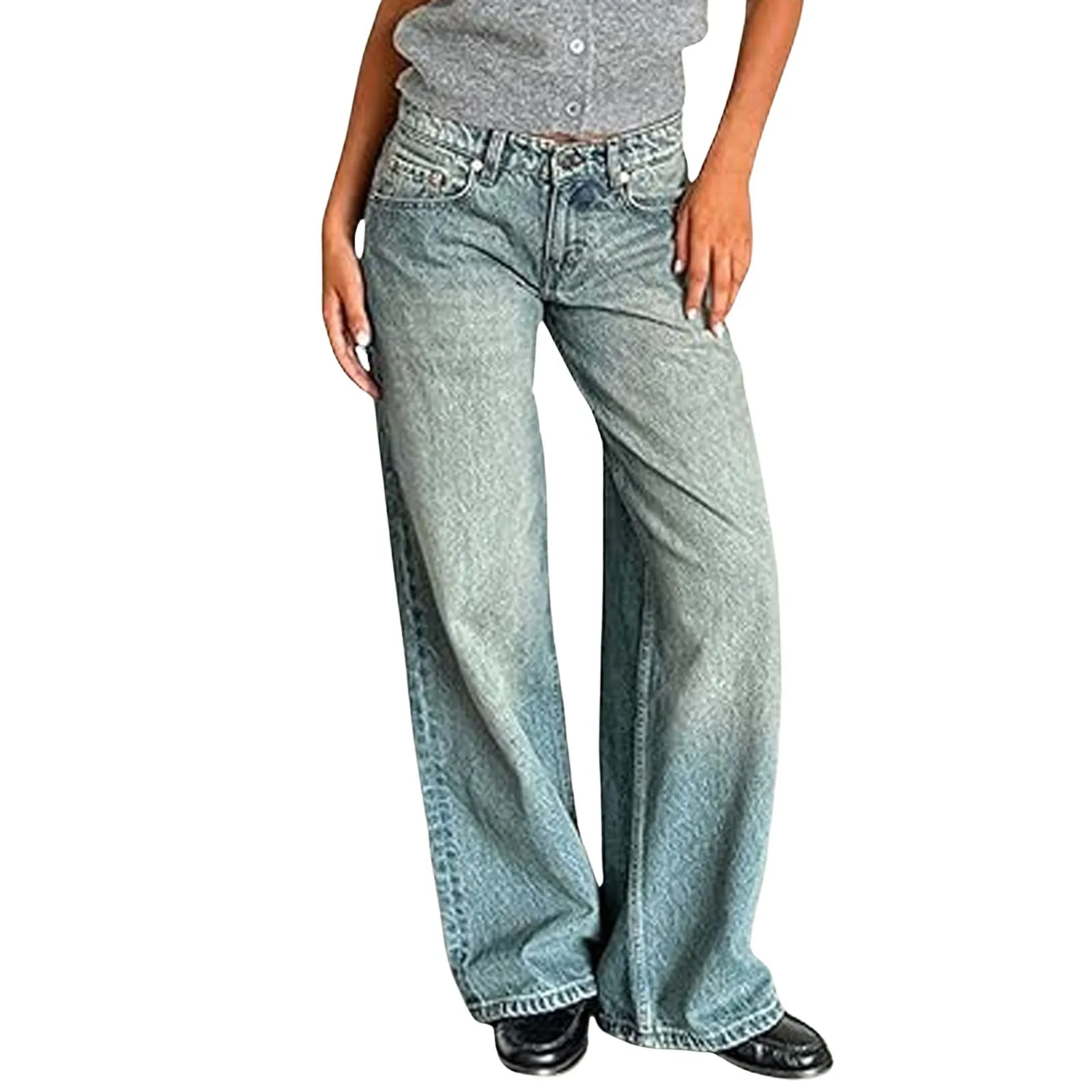 Retro Washed Jeans Women'S Design Sense Mid Waisted Straight-Leg Pants Loose Wide-Leg Mopping Pants Jeans Pants For Woman Jean - Image 3