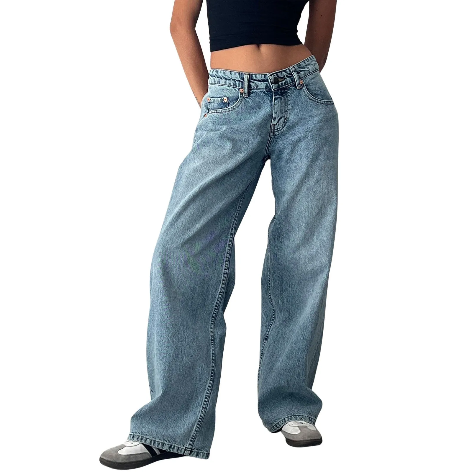Retro Washed Jeans Women'S Design Sense Mid Waisted Straight-Leg Pants Loose Wide-Leg Mopping Pants Jeans Pants For Woman Jean - Image 4