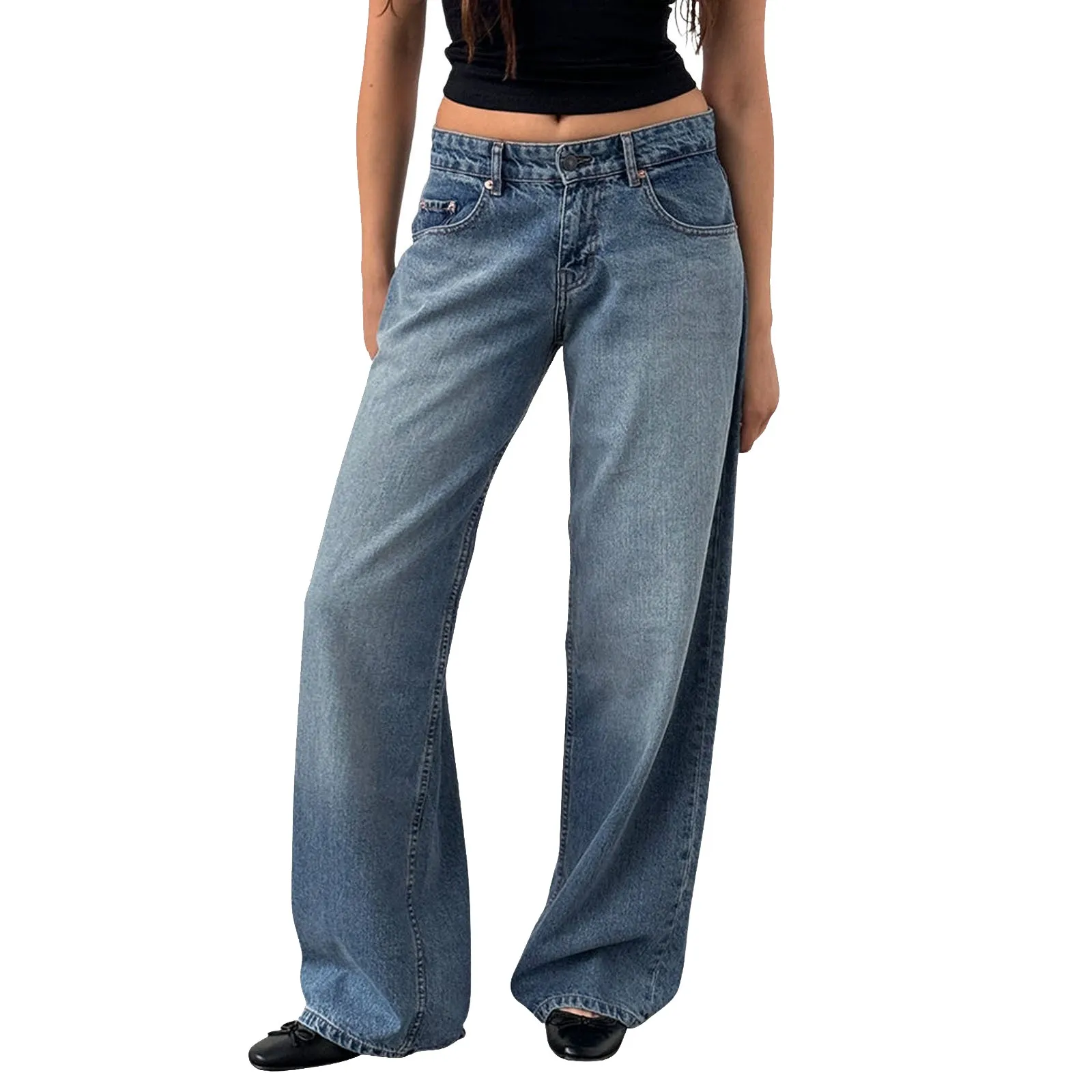 Retro Washed Jeans Women'S Design Sense Mid Waisted Straight-Leg Pants Loose Wide-Leg Mopping Pants Jeans Pants For Woman Jean - Image 10