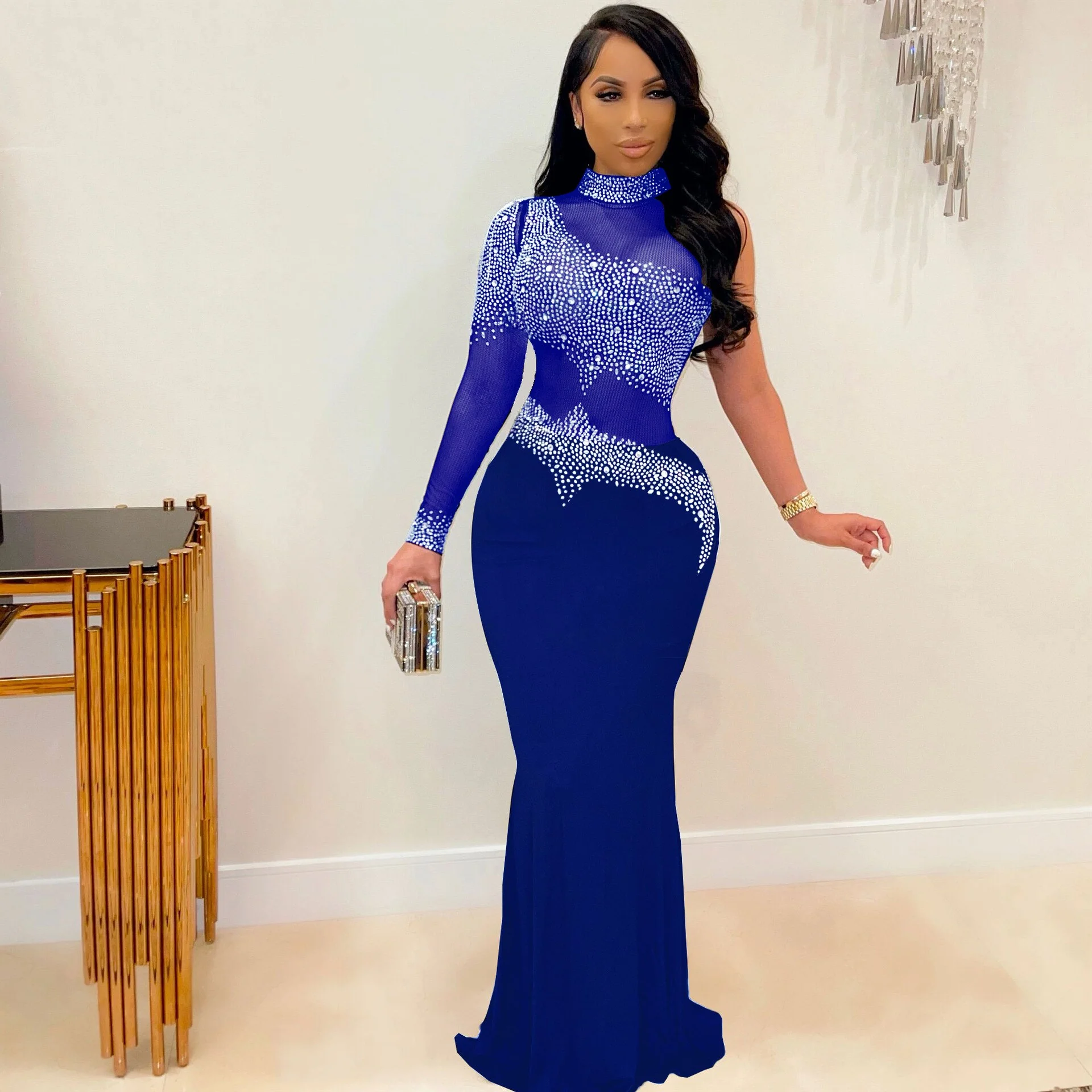 Rhinestone Women Long Maxi Dress Sheer Mesh Patchwork See Through One Shoulder Evening Party Fitness Dress Sexy Club Bodycon - Image 5