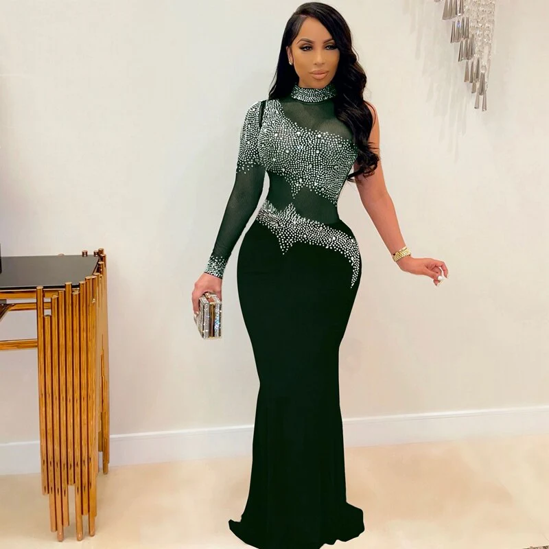Rhinestone Women Long Maxi Dress Sheer Mesh Patchwork See Through One Shoulder Evening Party Fitness Dress Sexy Club Bodycon - Image 8
