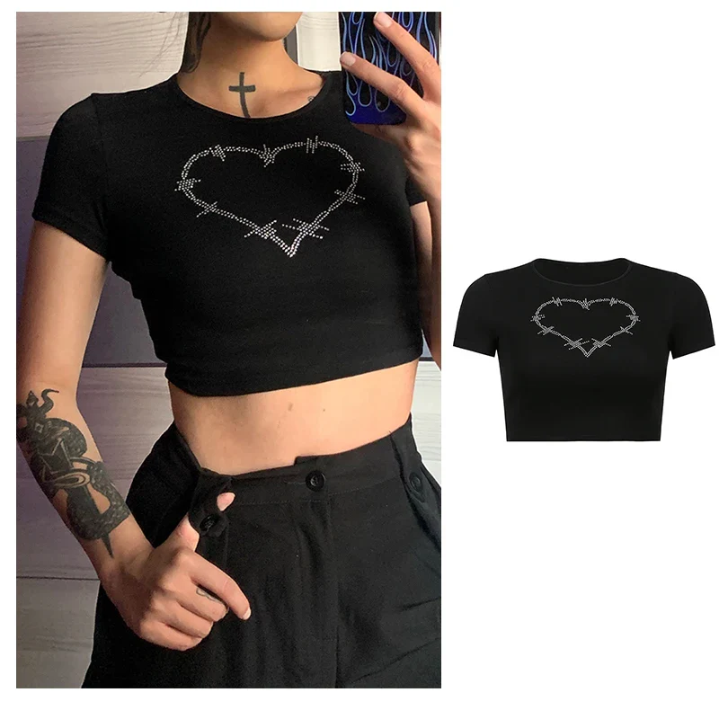 Rhinestone Y2k Sexy Punk Vintage Goth Black T Shirt Summer Clothes For Women Fashion Crop Top O-neck Short Sleeve Tee Streetwear - Image 10