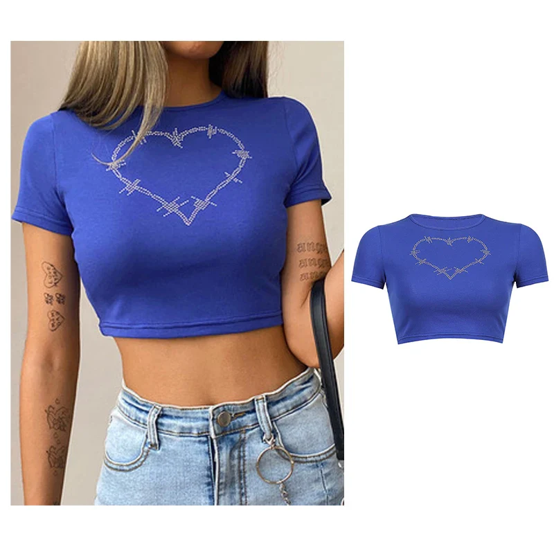 Rhinestone Y2k Sexy Punk Vintage Goth Black T Shirt Summer Clothes For Women Fashion Crop Top O-neck Short Sleeve Tee Streetwear - Image 11