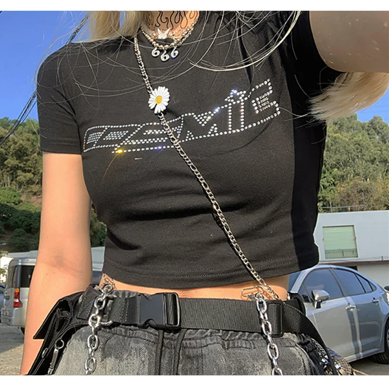 Rhinestone Y2k Sexy Punk Vintage Goth Black T Shirt Summer Clothes For Women Fashion Crop Top O-neck Short Sleeve Tee Streetwear - Image 15