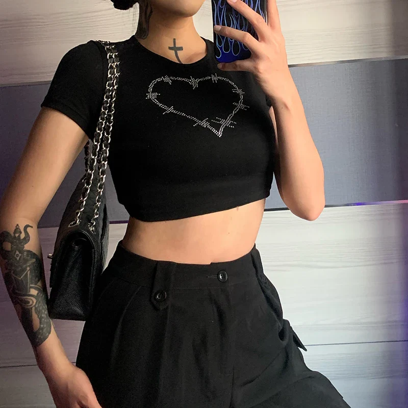 Rhinestone Y2k Sexy Punk Vintage Goth Black T Shirt Summer Clothes For Women Fashion Crop Top O-neck Short Sleeve Tee Streetwear - Image 17