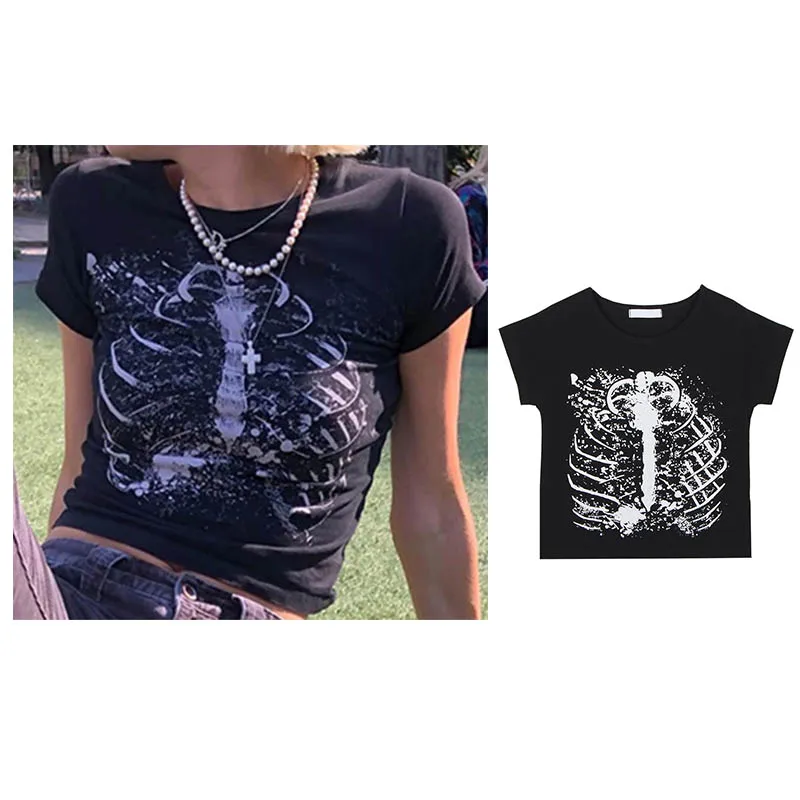 Rhinestone Y2k Sexy Punk Vintage Goth Black T Shirt Summer Clothes For Women Fashion Crop Top O-neck Short Sleeve Tee Streetwear - Image 2