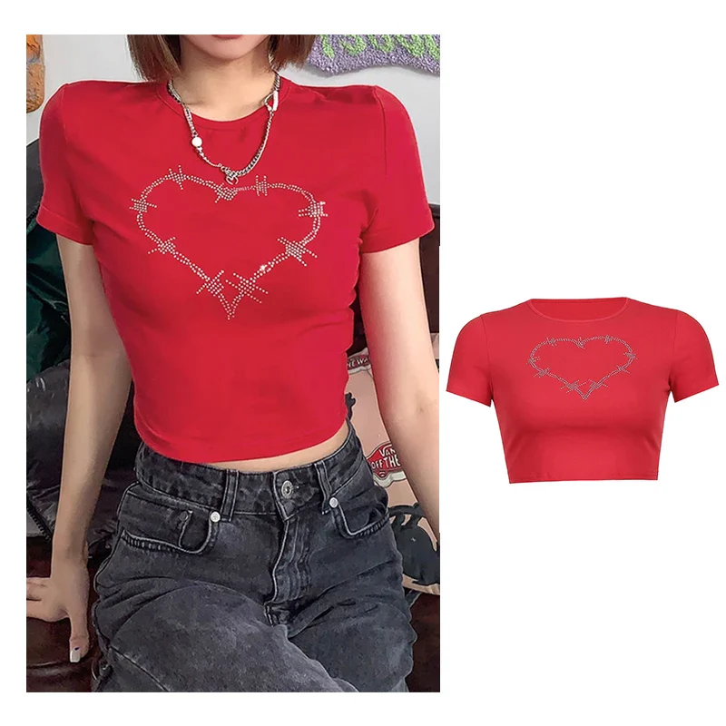 Rhinestone Y2k Sexy Punk Vintage Goth Black T Shirt Summer Clothes For Women Fashion Crop Top O-neck Short Sleeve Tee Streetwear - Image 3