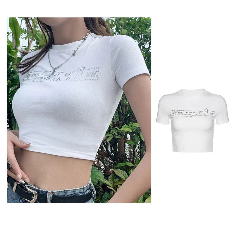 Rhinestone Y2k Sexy Punk Vintage Goth Black T Shirt Summer Clothes For Women Fashion Crop Top O-neck Short Sleeve Tee Streetwear - Image 8