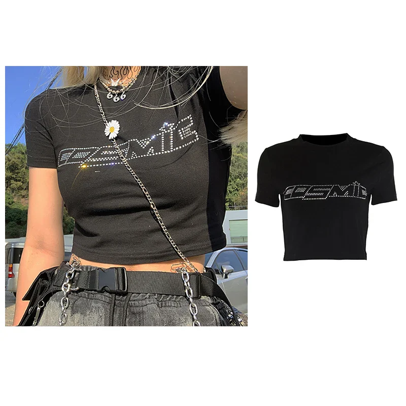 Rhinestone Y2k Sexy Punk Vintage Goth Black T Shirt Summer Clothes For Women Fashion Crop Top O-neck Short Sleeve Tee Streetwear - Image 9