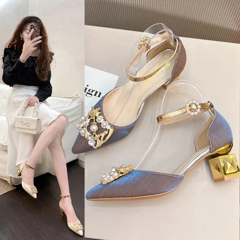 Rimocy Women Fashion High Quality Beige Wedding Shoes 2024 Bling Crystal High Heels Shoes Female Elegant Pearl Thick Heels Pumps - Image 6