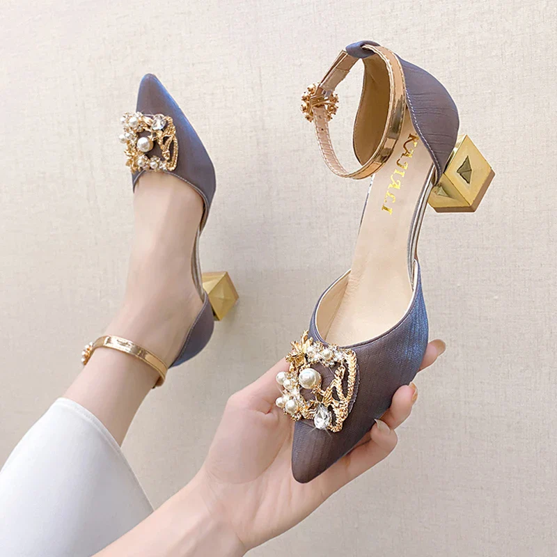 Rimocy Women Fashion High Quality Beige Wedding Shoes 2024 Bling Crystal High Heels Shoes Female Elegant Pearl Thick Heels Pumps - Image 8