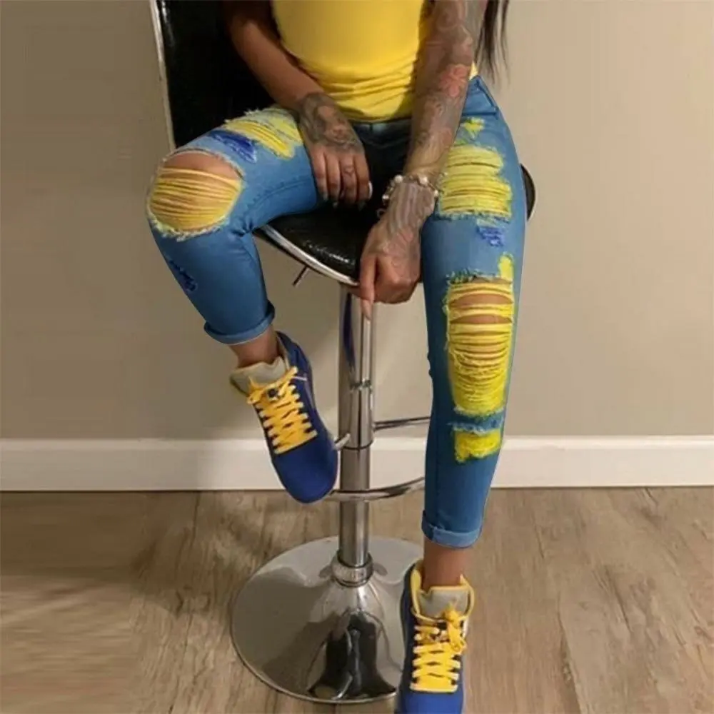 Ripped jeans High Waist Hole Women Trousers Club Outfits 2023 Street trendy feet pants light-colored Sexy Hollow out denim Pant - Image 7