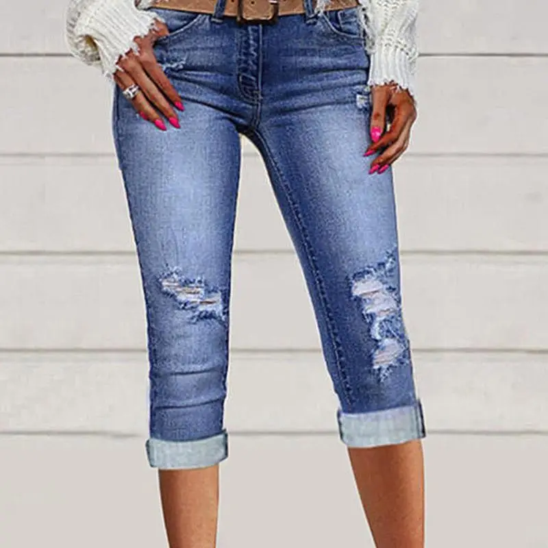 Ripped Pocket Design Capris Denim Pants Women High Waist Slim Skinny Mid Calf Length Pants Leggings Jeans Summer Sexy - Image 2