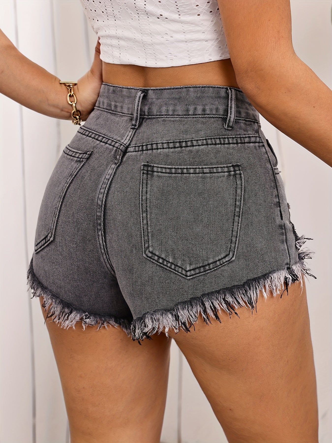 Ripped Raw Hem Denim Shorts, Distressed Washed Grey Denim Shorts, Women's Denim Jeans & Clothing - Image 4