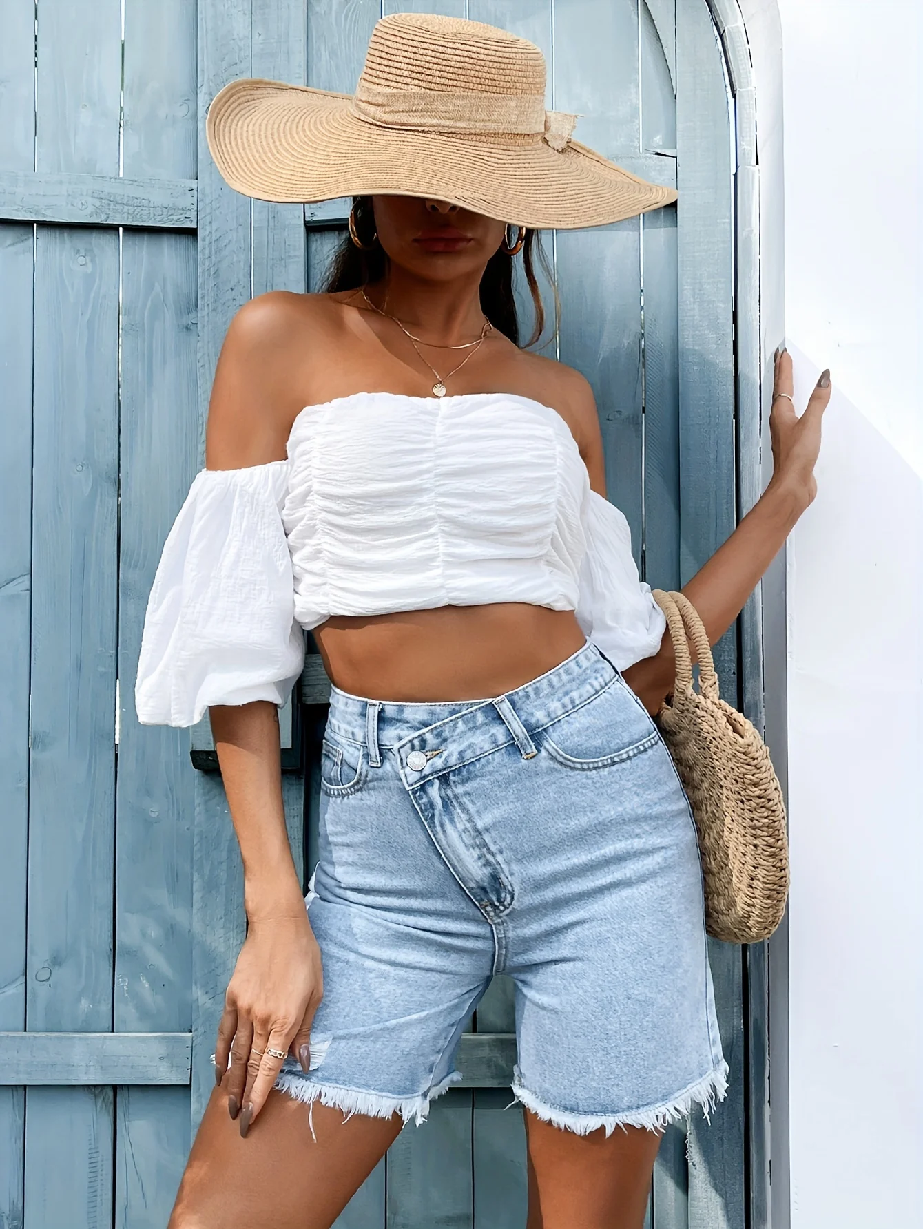 Ripped Raw Hem Stepped Waist Bermuda Jorts Denim Shorts, Distressed Washed Blue Denim Shorts, Women's Denim Jeans & Clothing - Image 5