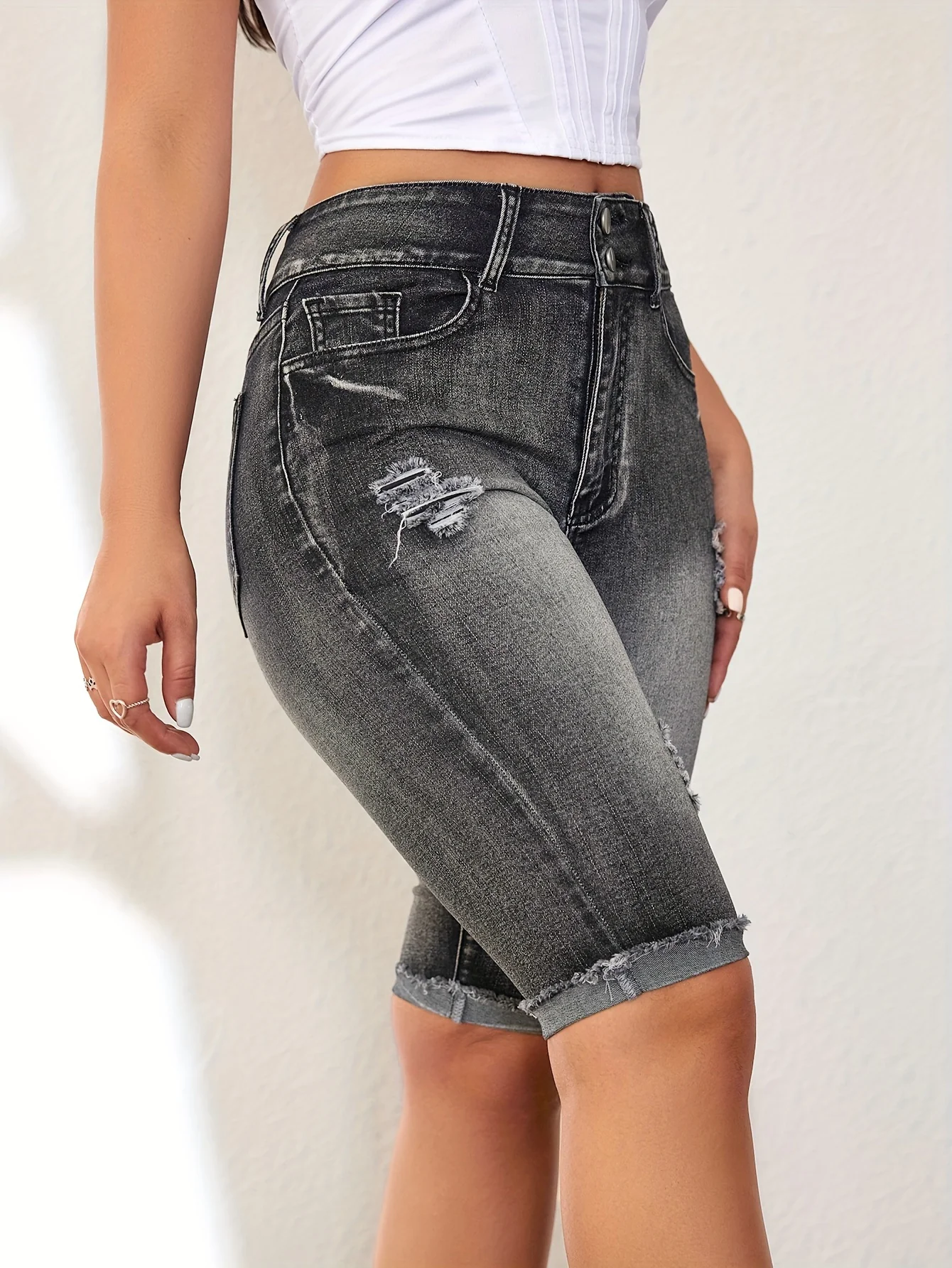Ripped Roll Up Raw Hem Denim Shorts, Double Button Distressed Bermuda Denim Shorts, Women's Denim Jeans & Clothing