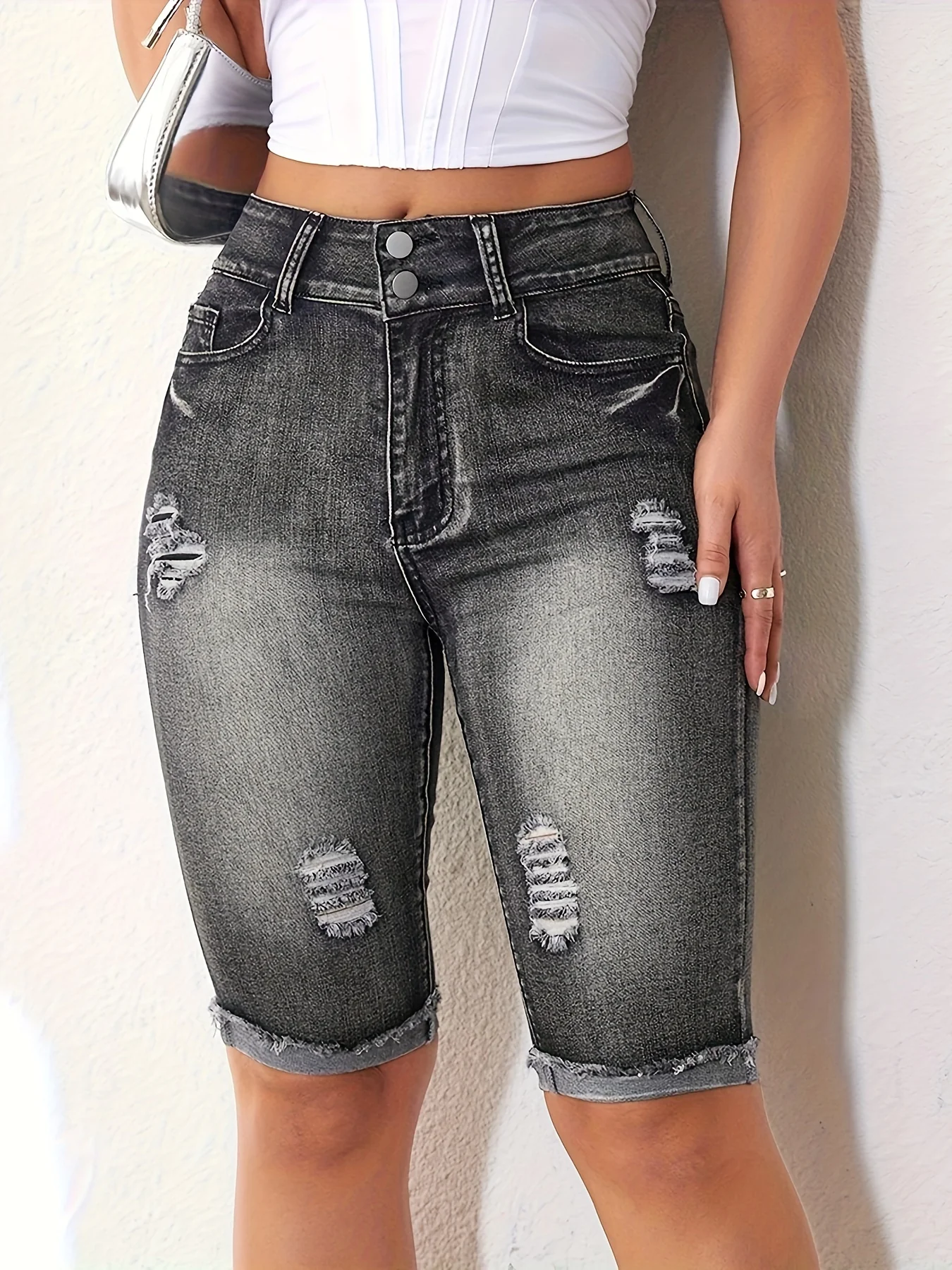 Ripped Roll Up Raw Hem Denim Shorts, Double Button Distressed Bermuda Denim Shorts, Women's Denim Jeans & Clothing - Image 2