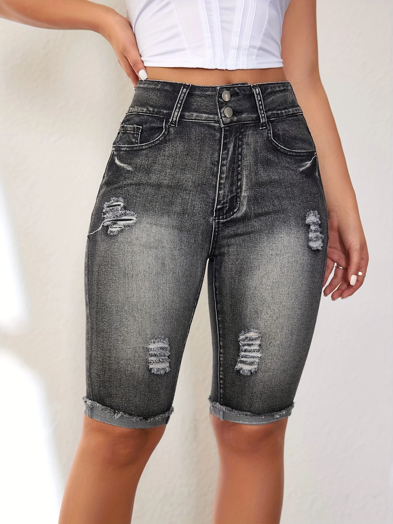 Ripped Roll Up Raw Hem Denim Shorts, Double Button Distressed Bermuda Denim Shorts, Women's Denim Jeans & Clothing - Image 3