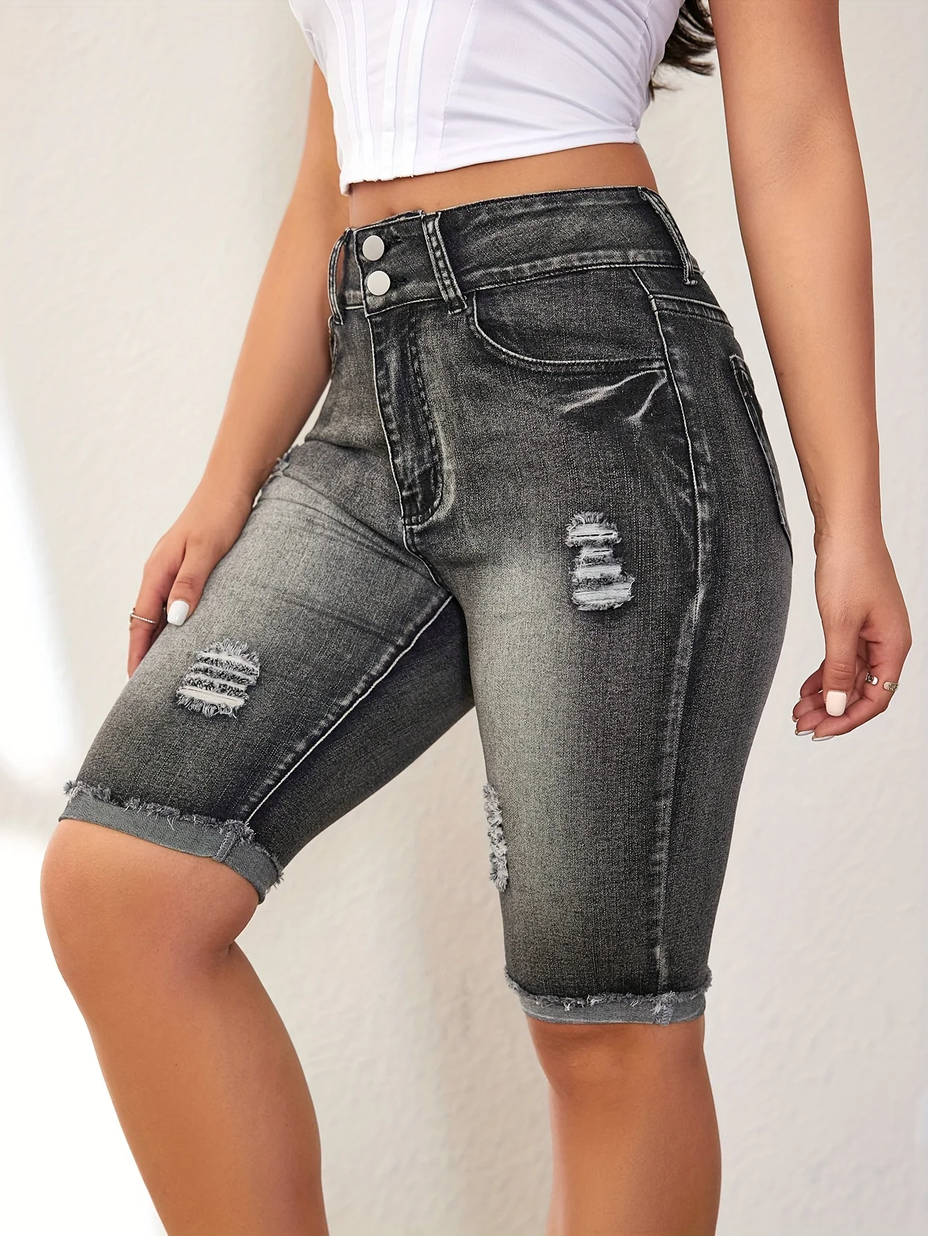 Ripped Roll Up Raw Hem Denim Shorts, Double Button Distressed Bermuda Denim Shorts, Women's Denim Jeans & Clothing - Image 5