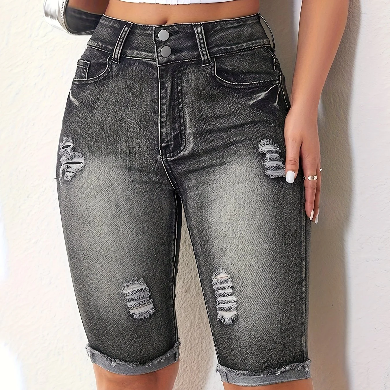 Ripped Roll Up Raw Hem Denim Shorts, Double Button Distressed Bermuda Denim Shorts, Women's Denim Jeans & Clothing - Image 8