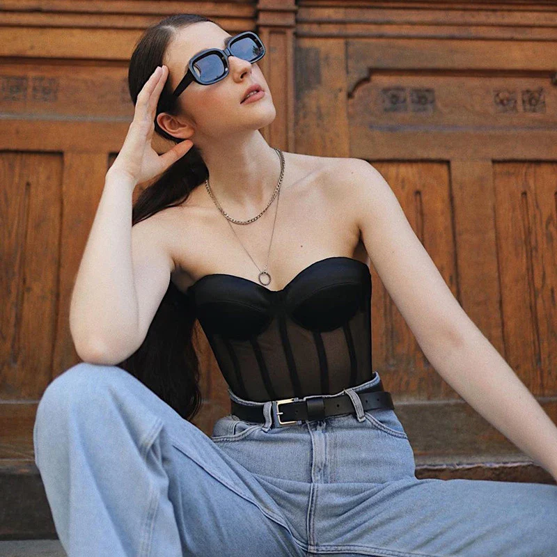 Rockmore Sexy Mesh See Through Tube Top Corset Woman Back Lace Up Club Party Crop Top White Slim Wrap Top Streetwear Black Goth - Image 5