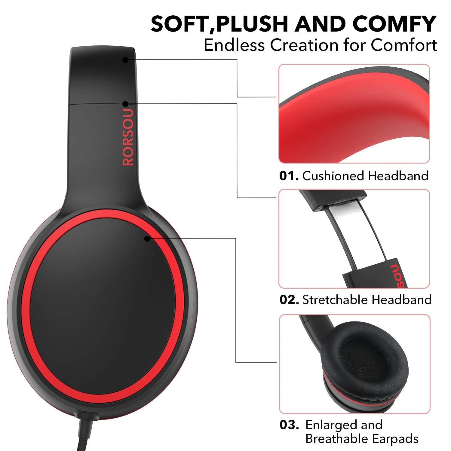 RORSOU R10 On-Ear Headphones with Microphone, Lightweight Folding Stereo Bass Headphones with 1.5M No-Tangle Cord, Portable Wired Headphones for Smartphone Tablet Computer MP3 / 4 (Black) - Image 5
