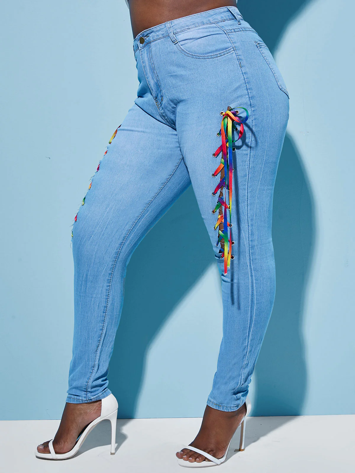 ROSEGAL Women's Plus Size Jeans Skinny Colorful Lace Up Front Plus Size Jeans Streetwear Pencil Pants Trousers Mujer - Image 3