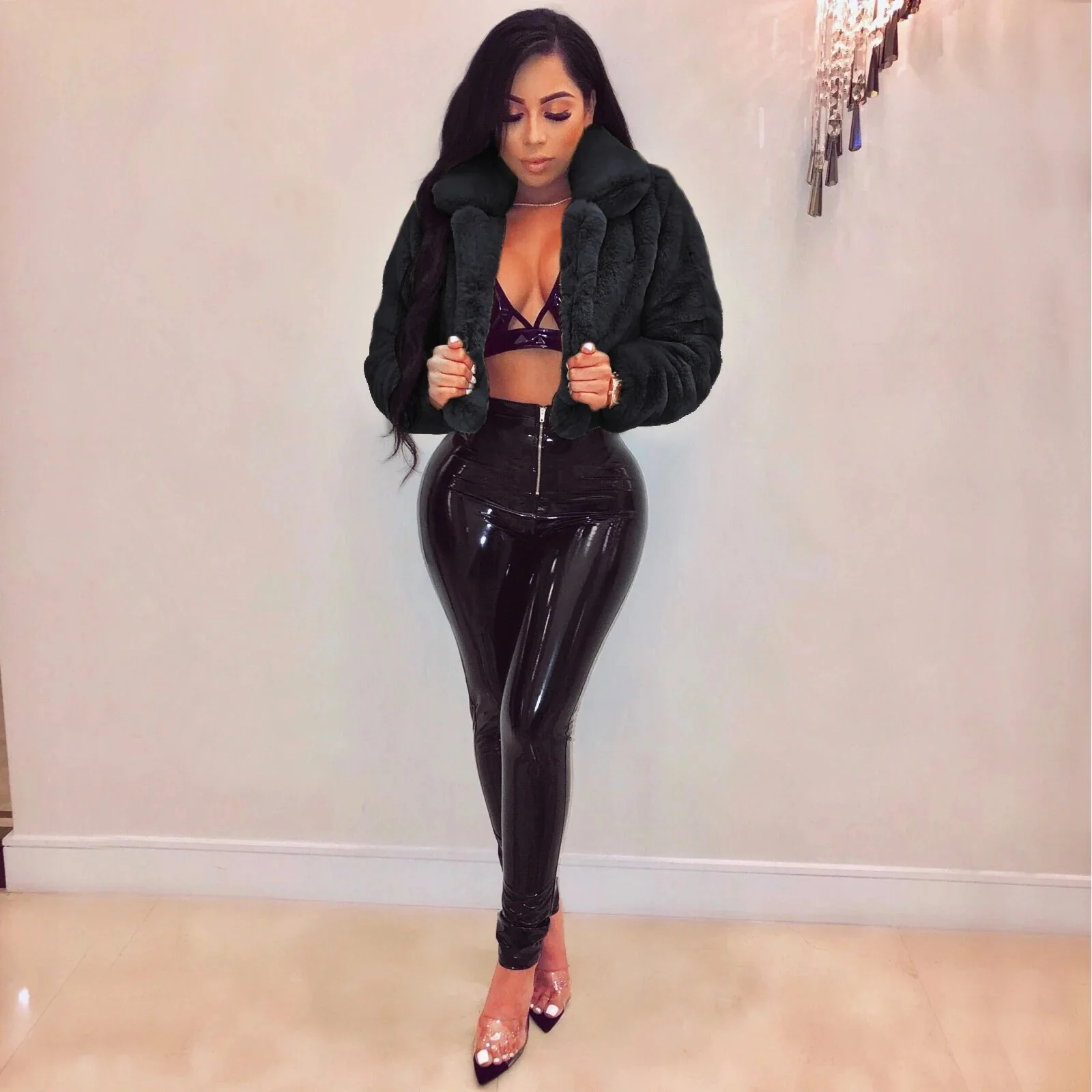 RT Women Faux Fur Coats Long Sleeve Furry Cropped Jacket Open Stitch Fluffy Overcoat Casual Outdoor Wear - Image 2