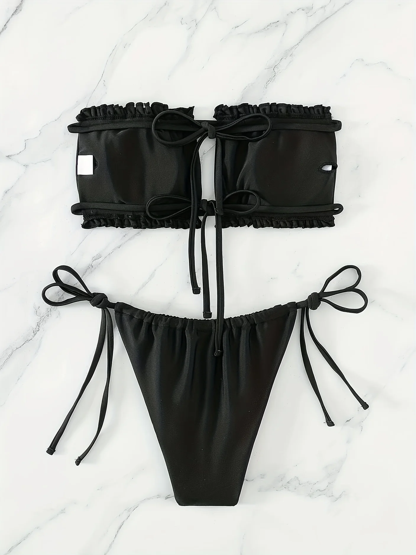 [Ruched Bra Top Bikini] Two Piece Ruched Bra Top Bikini Swimsuit - Double Drawstring Bandeau Tie Side High Cut - Women's Swimwear - Image 2