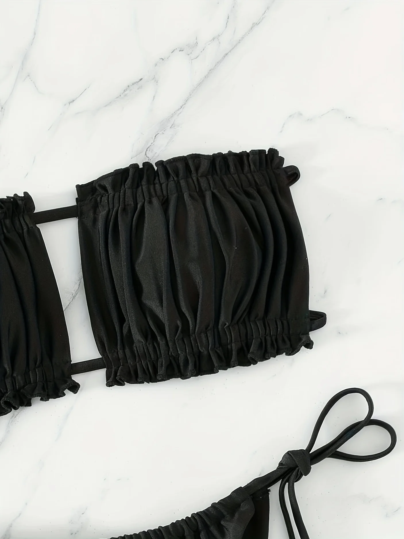 [Ruched Bra Top Bikini] Two Piece Ruched Bra Top Bikini Swimsuit - Double Drawstring Bandeau Tie Side High Cut - Women's Swimwear - Image 5
