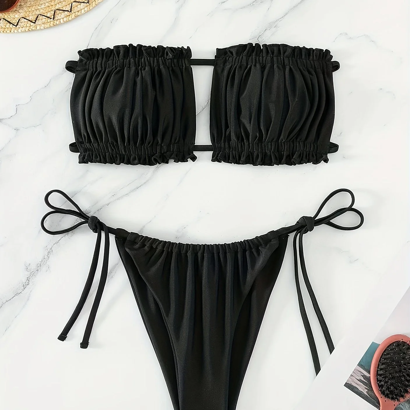 [Ruched Bra Top Bikini] Two Piece Ruched Bra Top Bikini Swimsuit - Double Drawstring Bandeau Tie Side High Cut - Women's Swimwear - Image 7