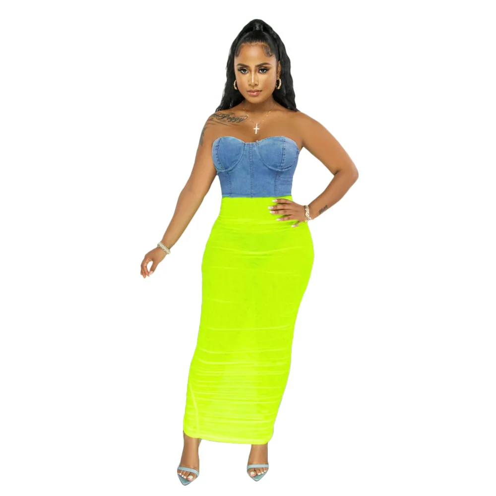 Ruched Mesh Patchwork Jeans maxi Dress women sexy Strapless backless Denim Split party club long dresses outfit streetwear robe - Image 5
