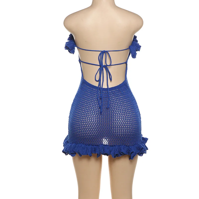 Ruffles Knitted Strapless Mini Dress Women Sexy Lace Up Bandage Backless Stretch Crochet Bodycon Club Party Dresses Vesitdos - Image 5