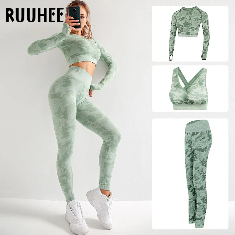 RUUHEE Women Yoga Set Camouflage Seamless Long Sleeve High Waist Leggings and Bra Workout Sportwears 2 Piece  Gym Suit Female - Image 12