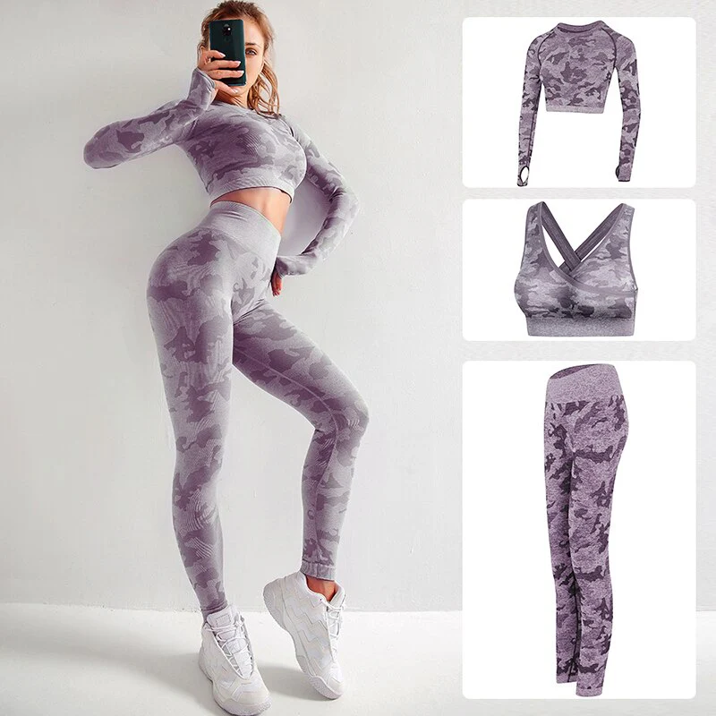 RUUHEE Women Yoga Set Camouflage Seamless Long Sleeve High Waist Leggings and Bra Workout Sportwears 2 Piece  Gym Suit Female - Image 13