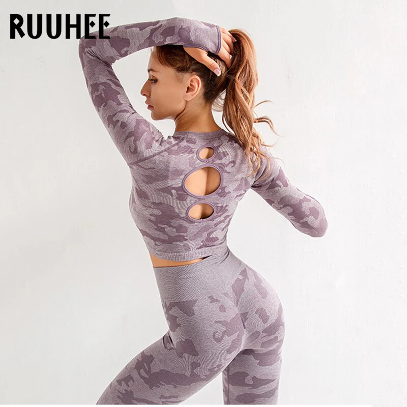 RUUHEE Women Yoga Set Camouflage Seamless Long Sleeve High Waist Leggings and Bra Workout Sportwears 2 Piece  Gym Suit Female - Image 15