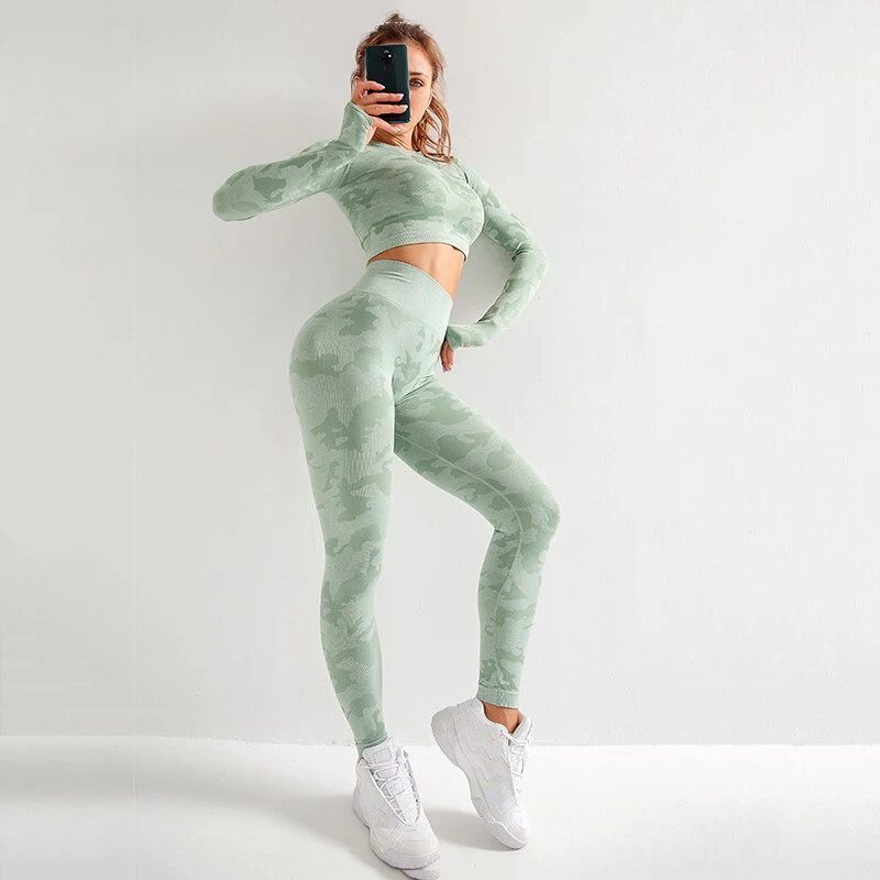 RUUHEE Women Yoga Set Camouflage Seamless Long Sleeve High Waist Leggings and Bra Workout Sportwears 2 Piece  Gym Suit Female - Image 2