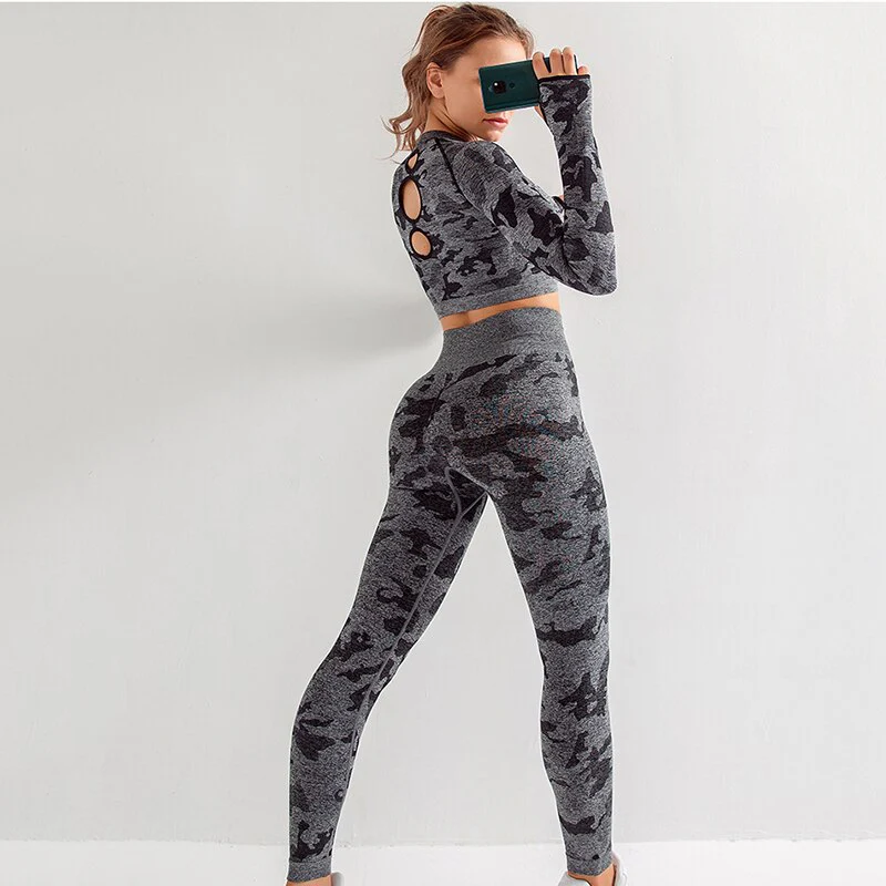 RUUHEE Women Yoga Set Camouflage Seamless Long Sleeve High Waist Leggings and Bra Workout Sportwears 2 Piece  Gym Suit Female - Image 4