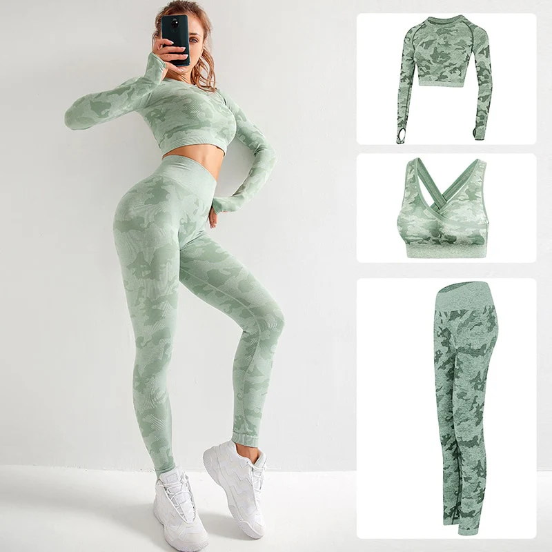 RUUHEE Women Yoga Set Camouflage Seamless Long Sleeve High Waist Leggings and Bra Workout Sportwears 2 Piece  Gym Suit Female - Image 5
